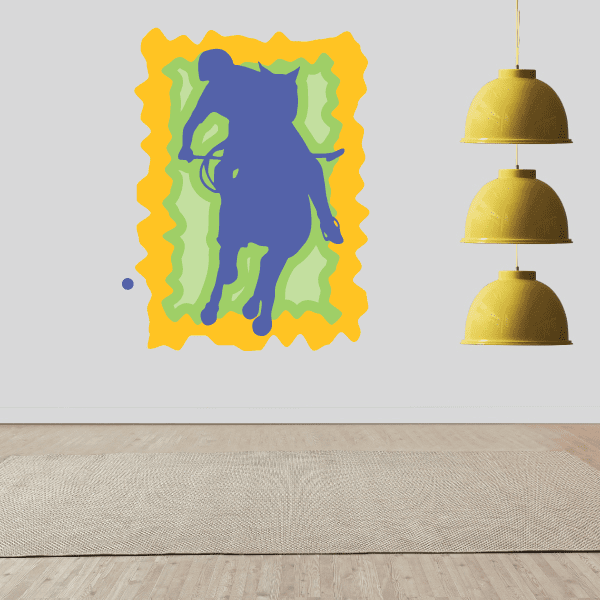 Colorful rider sticker with blue figure and green details on yellow backing