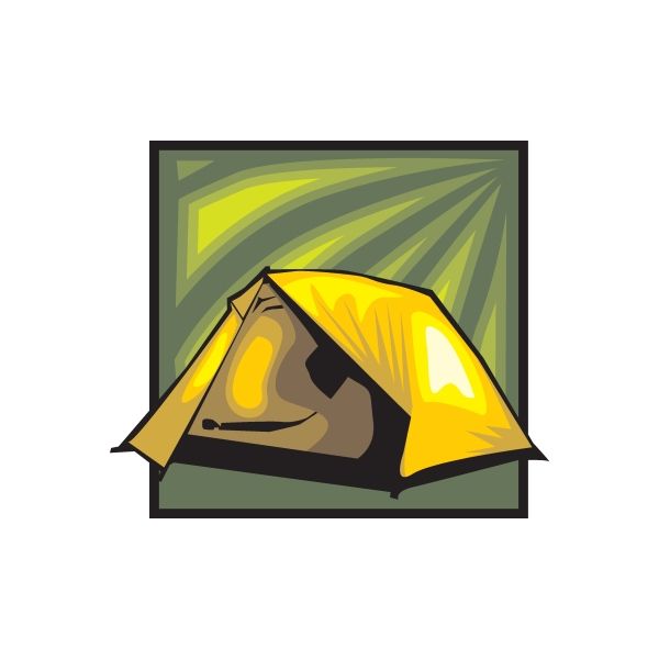 Yellow camping tent sticker with black window and open doorway