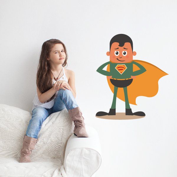 Superhero sticker of a cartoon boy with green outfit and flowing yellow cape