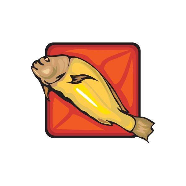 Yellow fish sticker with cartoon fish inside red-orange rounded square