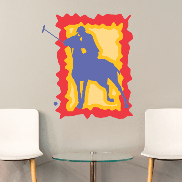 Square sticker with blue polo player silhouette, yellow flames, red wavy border.