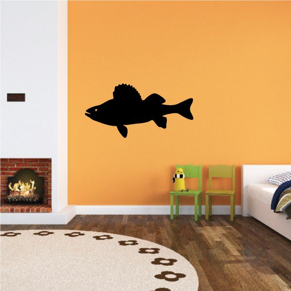 Yellow perch wall decal featuring a black perch fish silhouette