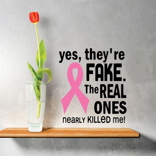 Printed die-cut decal with pink ribbon and bold statement text