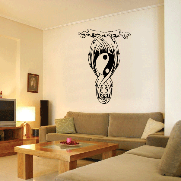 Yin-yang moon and waves decal, black line art with yin-yang center