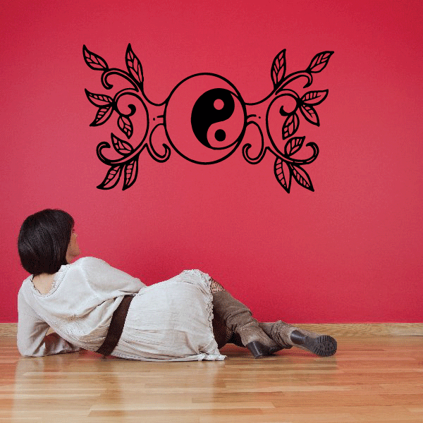 Yin yang moon with vines wall decal, black yin-yang circle with leaf flourishes