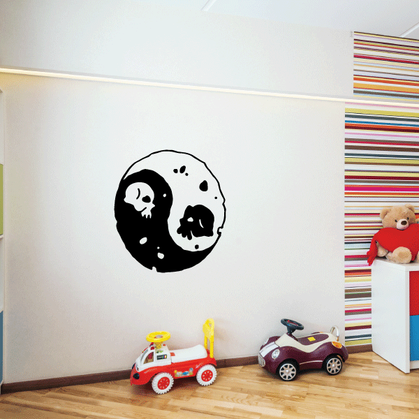 Yin-yang skull moon wall decal, black-and-white skulls in a yin-yang circle