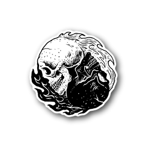 Yin-yang skull vinyl sticker with high-contrast white and black outline
