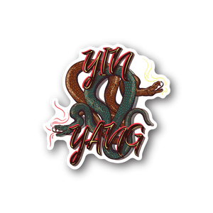 Yin yang snakes vinyl sticker with two coiled snakes and yin-yang swirl, glossy finish