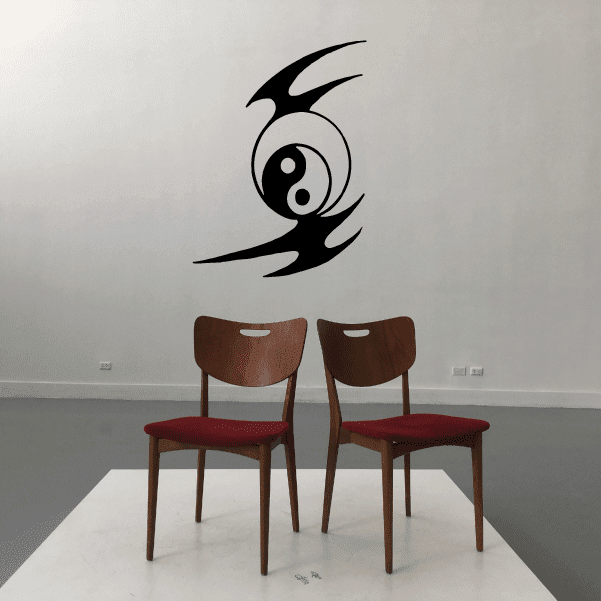 Tribal moon wall decal, black crescent with yin-yang symbol