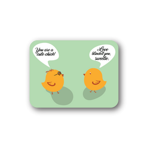 Cute chick vinyl sticker with two orange chicks and white speech bubbles text
