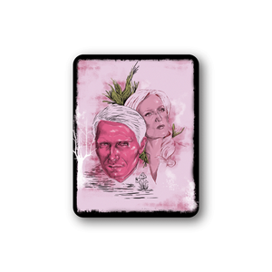 Square vinyl sticker with two illustrated faces and pink floral accents