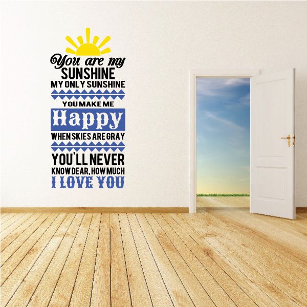Inspirational wall decal with smiling sun icon and blue-and-yellow quote text