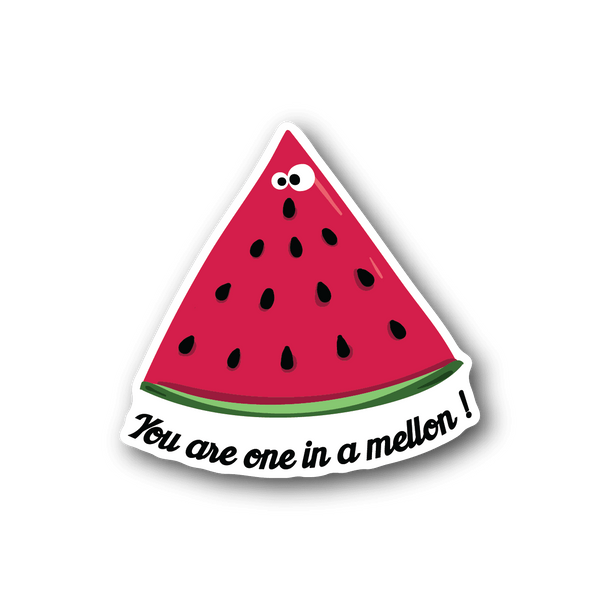 Watermelon slice vinyl sticker with red fruit, green rind, black seeds, and white text
