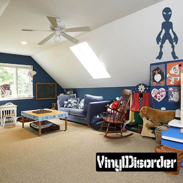 Blue alien vinyl decal with hooded head and full body silhouette