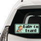 Baby on Board sticker with cartoon baby illustration and bold black text on light blue