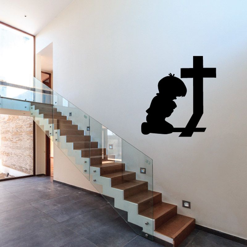 Image of Young Boy Kneeling Before a Cross Decal