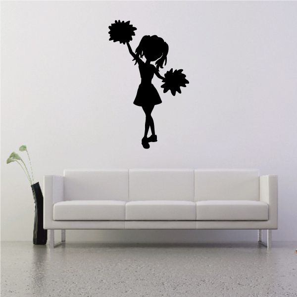 Cheerleader wall decal, black silhouette of a young cheerleader holding pom-poms
