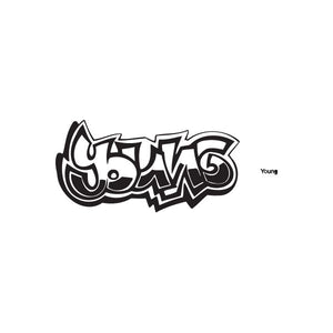Graffiti decal with bold black tag and small “Young” text