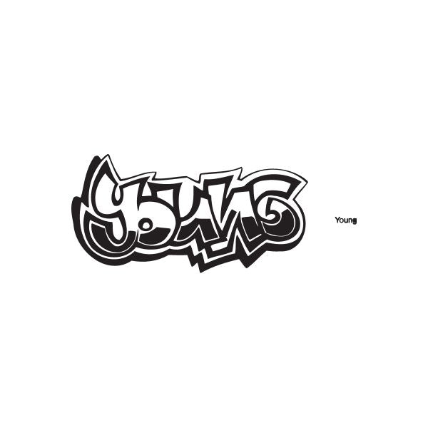 Graffiti decal with bold black tag and small “Young” text