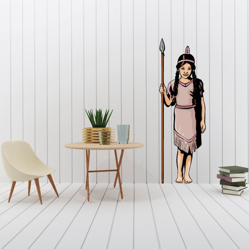 Native American girl sticker, cartoon child holding a spear with feathered headdress