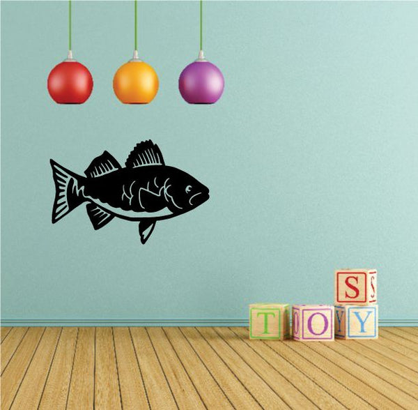 Young walleye decal featuring a black fish silhouette with detailed fins and eye