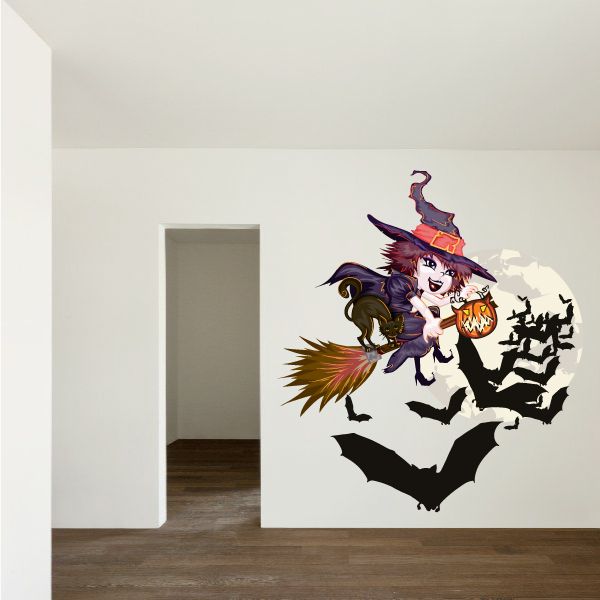 Image of Young Witch with Bats Printed Die Cut Decal