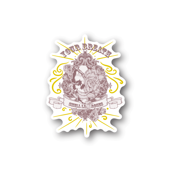 Vinyl sticker with white burst border, illustrated skull with roses and yellow swirls