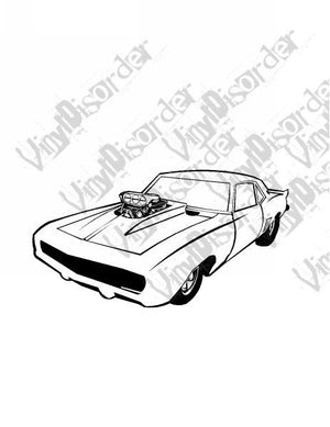 Z28 Camaro decal, black-and-white line art of classic side-view muscle car