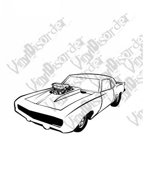Z28 Camaro decal, black-and-white line art of classic side-view muscle car