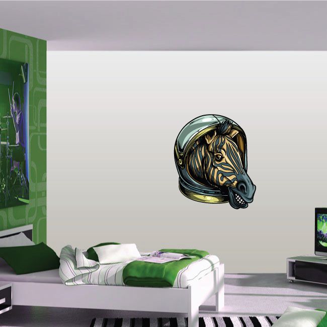 Zebra astronaut sticker showing zebra face in black and gold space helmet