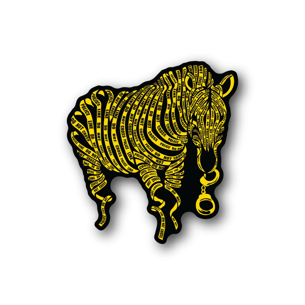 Zebra handcuff vinyl sticker, yellow zebra silhouette with hanging cuffs