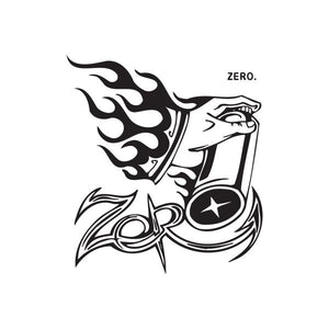 Graffiti-style decal with black illustrated lion head and ZERO. text