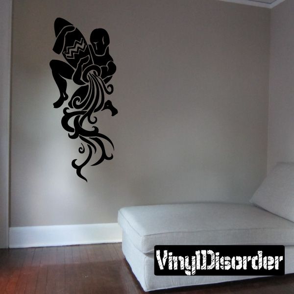 Aquarius zodiac decal, black silhouette with water-pouring figure and ornamental swirl