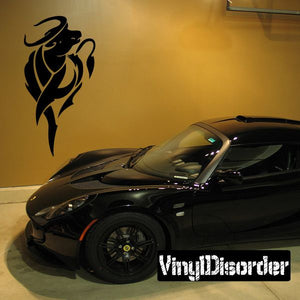 Charging bull tribal decal in black with curved horns