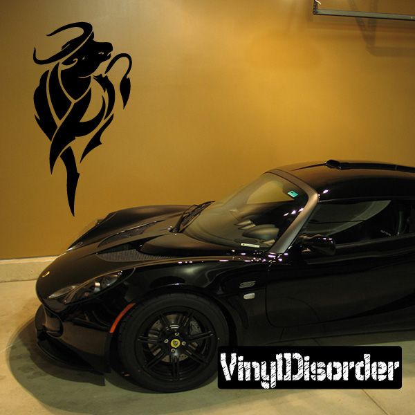 Charging bull tribal decal in black with curved horns