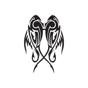 Black tribal-style flying fish decal with mirrored wing shapes and Pisces-inspired lines