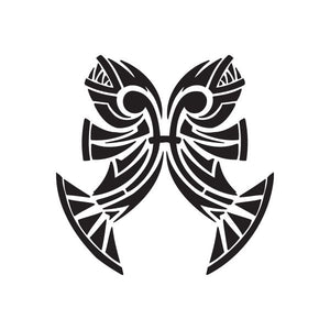 Black geometric toothy fish zodiac decal with mirrored swirl details
