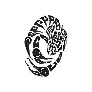 Tribal scorpion decal with black stylized scorpion and curved lettering
