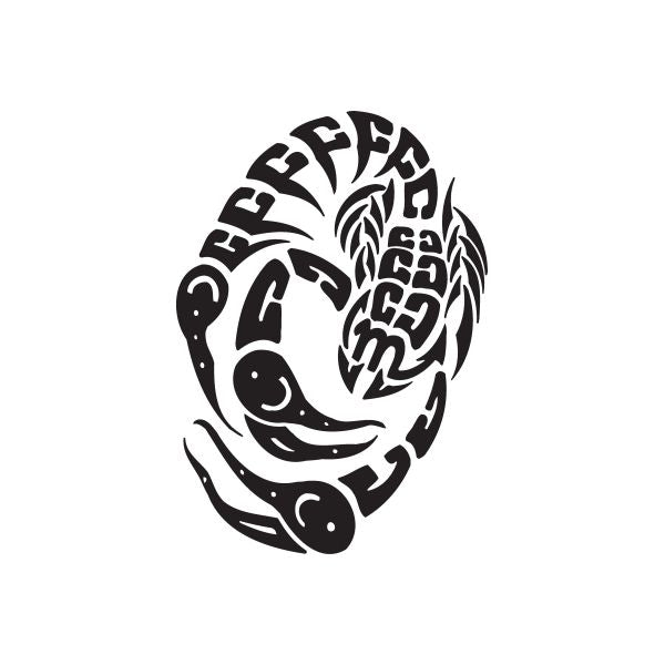 Tribal scorpion decal with black stylized scorpion and curved lettering