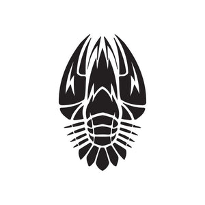 Graphic lobster decal featuring black and white stylized claws and ribbed body