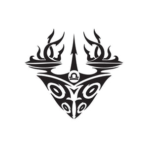 Dark tribal scales decal with symmetrical flame and eye-like swirl design, black