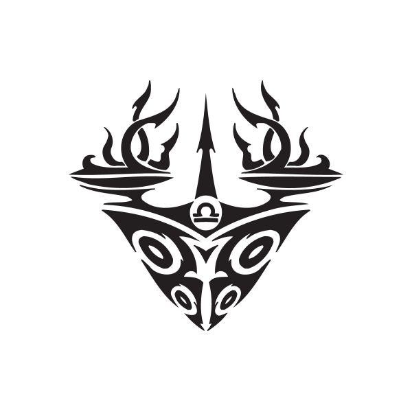Dark tribal scales decal with symmetrical flame and eye-like swirl design, black