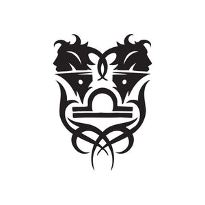 Tribal head scales decal, dark stylized mask with horns and curved lines