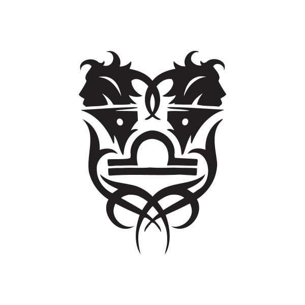 Tribal head scales decal, dark stylized mask with horns and curved lines