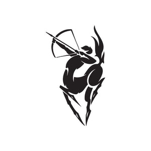 Sagittarius centaur archer decal, black silhouette with swirling energy accents