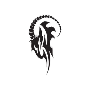 Tribal skull decal with capricorn horns, black and white vinyl-style graphic