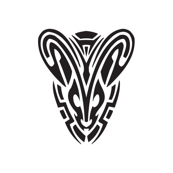 Black-and-white Capricorn head decal with rune-style symmetrical lines