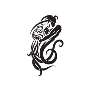 Tribal Aquarius decal with black stylized zodiac figure and curled wave tail