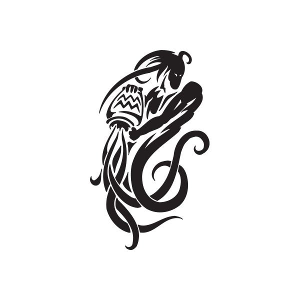 Tribal Aquarius decal with black stylized zodiac figure and curled wave tail