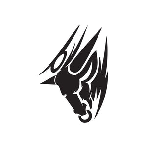 Tribal bull head charge decal, black stylized bull with flowing horn lines